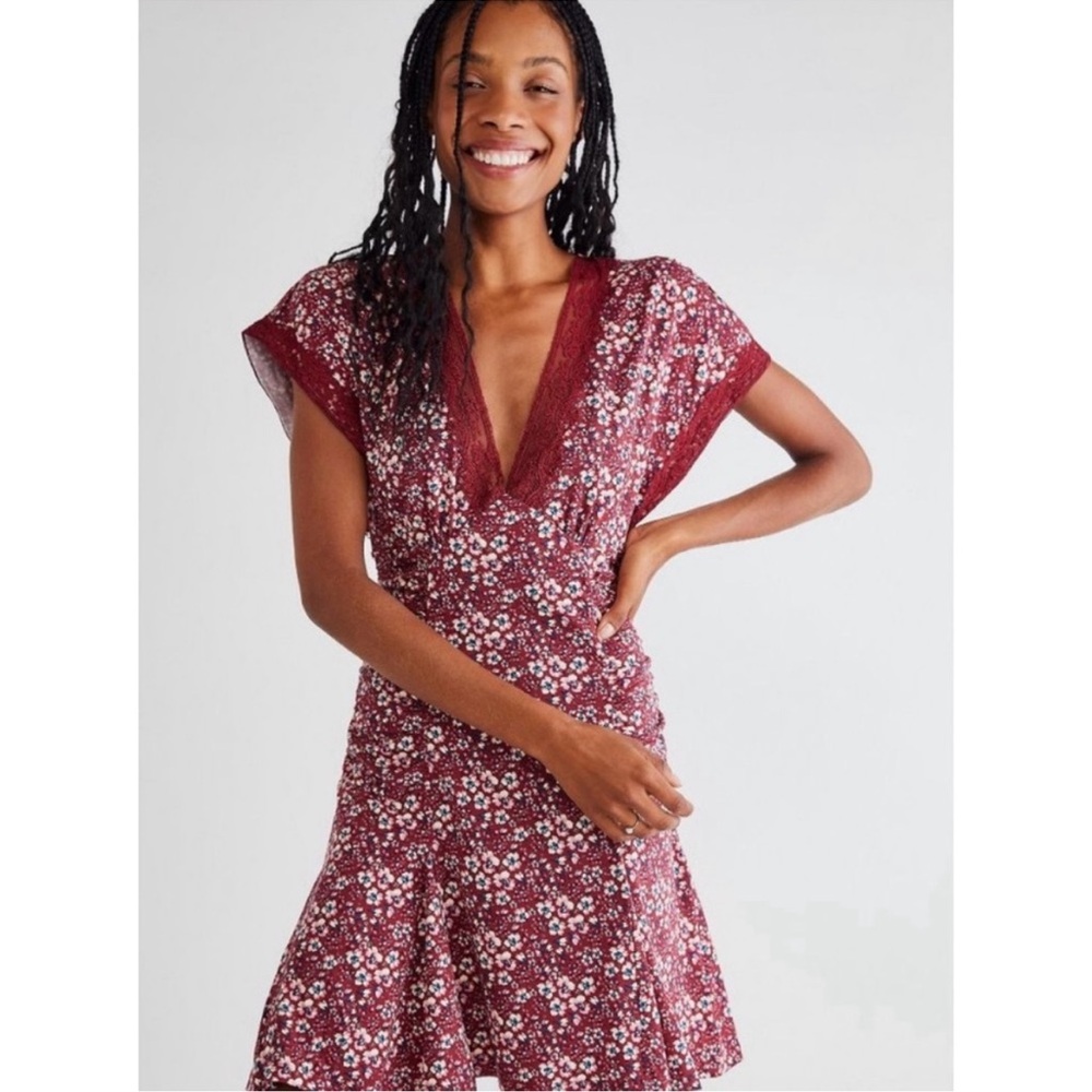 Free People Burgundy Floral Sweet Talker Mini Dress